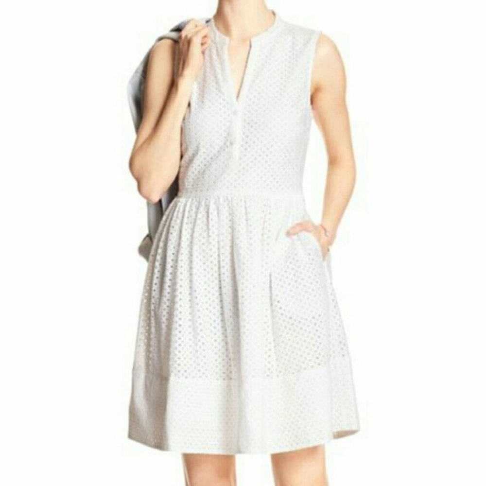 Banana Republic Eyelet Dress White 100% Cotton Pockets